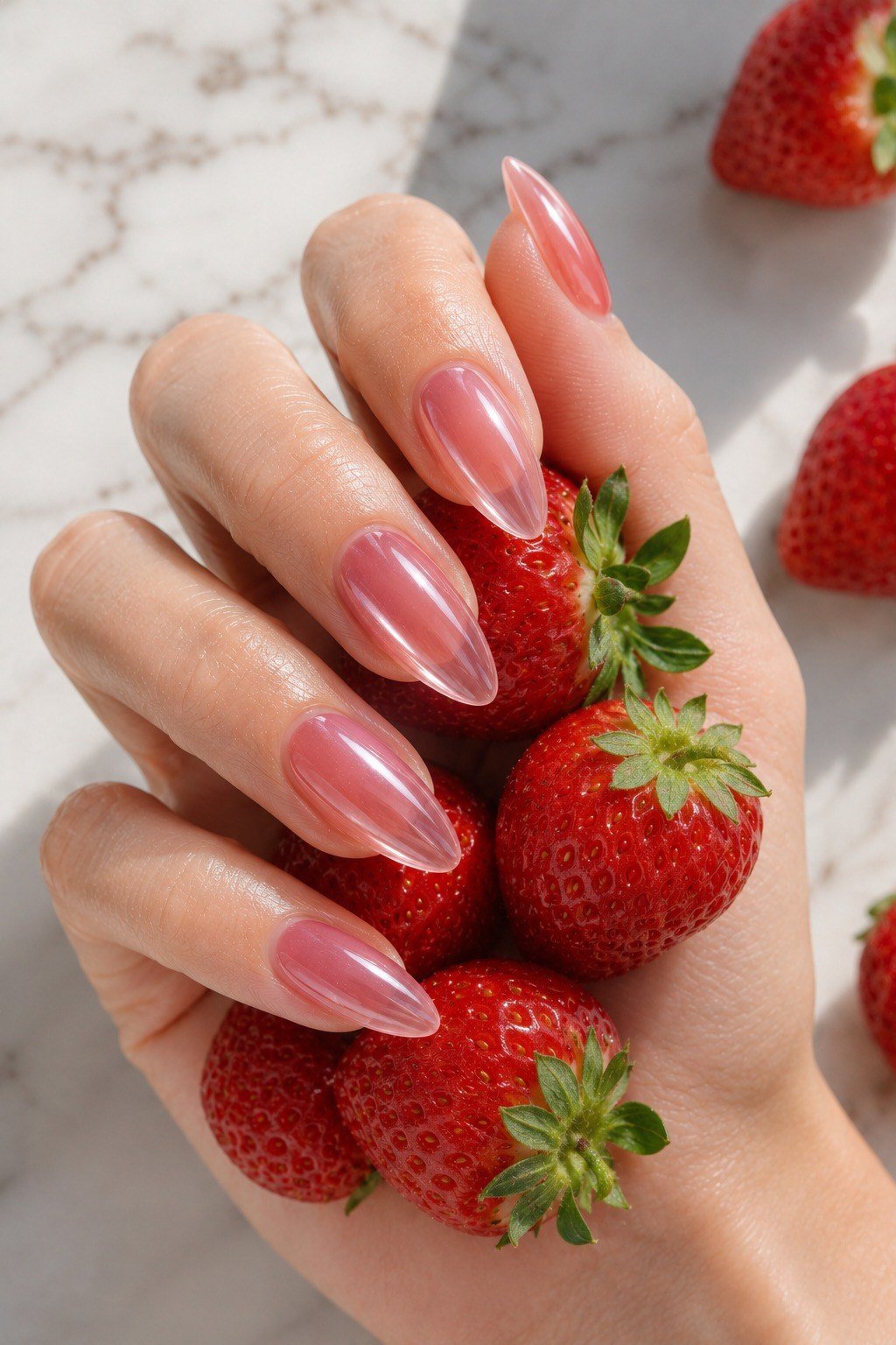 Almond strawberry chrome glaze nails with fresh strawberries