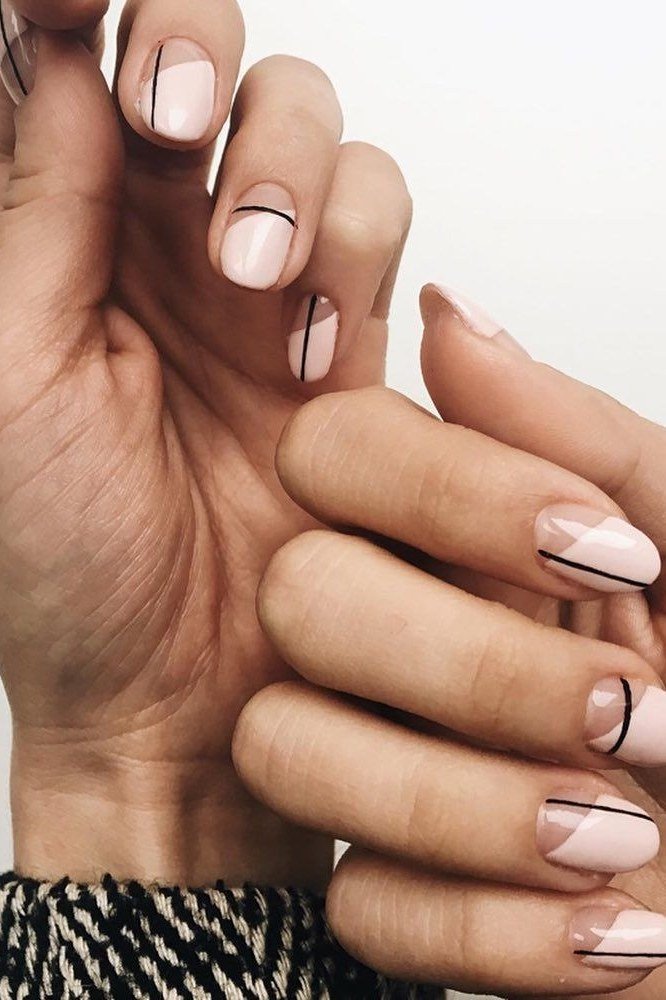 Nude French With Black Edge Lines - short nail design for women over 60 that makes nails look longer