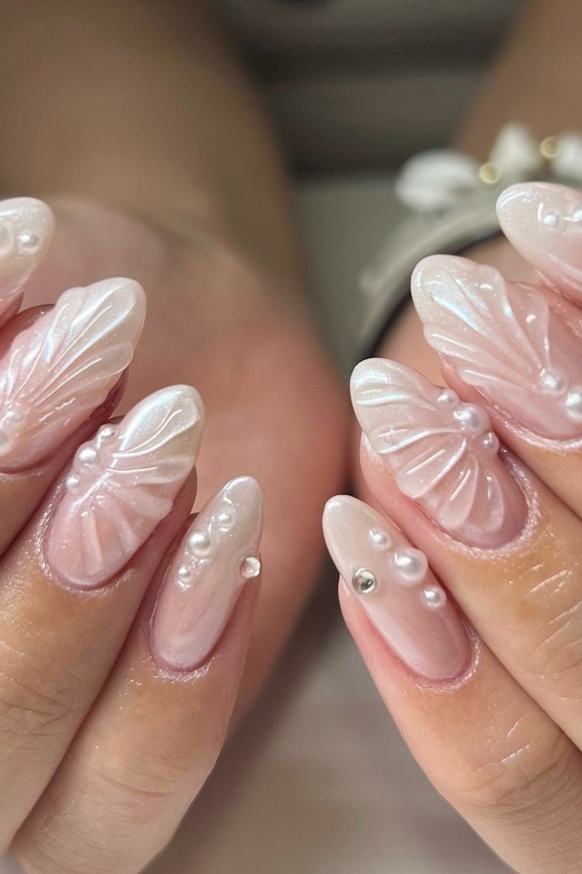 Pink Embossed Shell Pearl Nail Art - pearl finish nail idea for women over 60