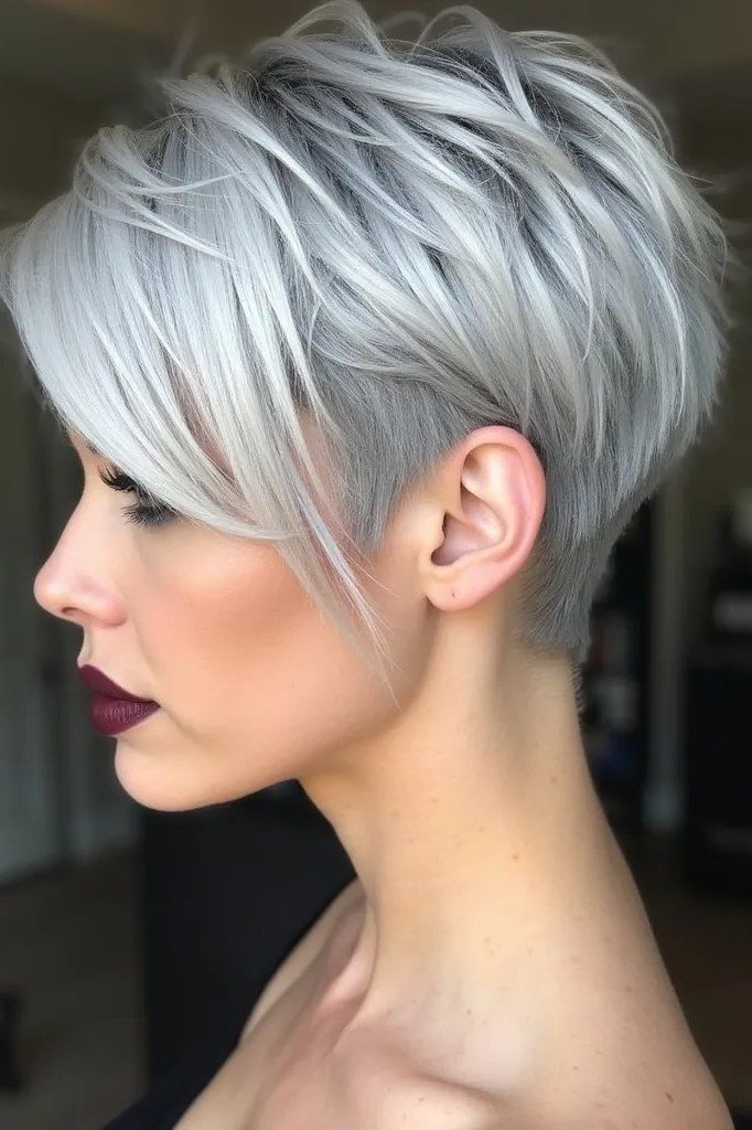White Asymmetrical Pixie with Dark Lips - bold edgy pixie haircut for women over 50