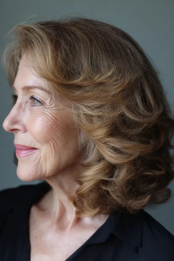 Brunette wavy medium cut with warm caramel tones for women over 60