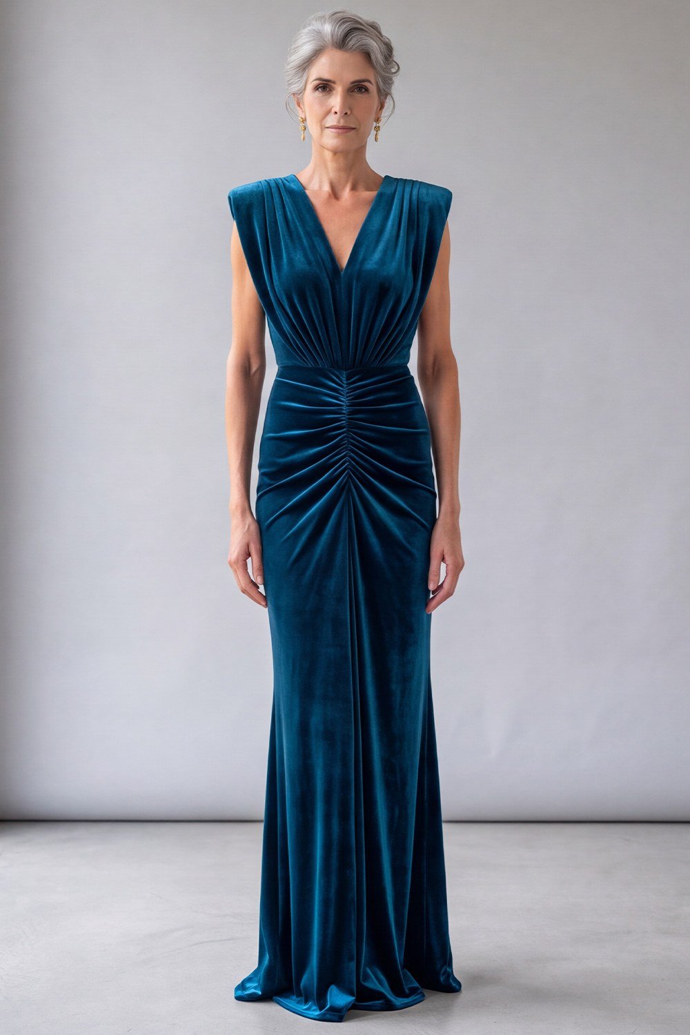 teal velvet ruched v-neck gown