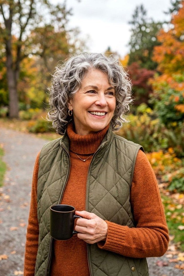 Olive quilted vest outfit for women over 60