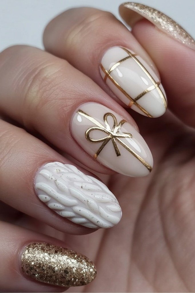 White nails with gold bow, sweater knit texture and gold glitter accent - classy Christmas nail idea for women over 70