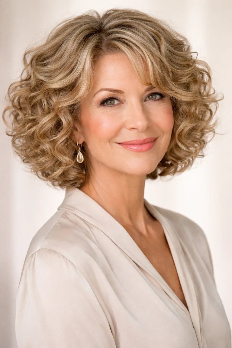 Curly golden-blonde bob on an older woman, front view, medium hairstyle for women over 60