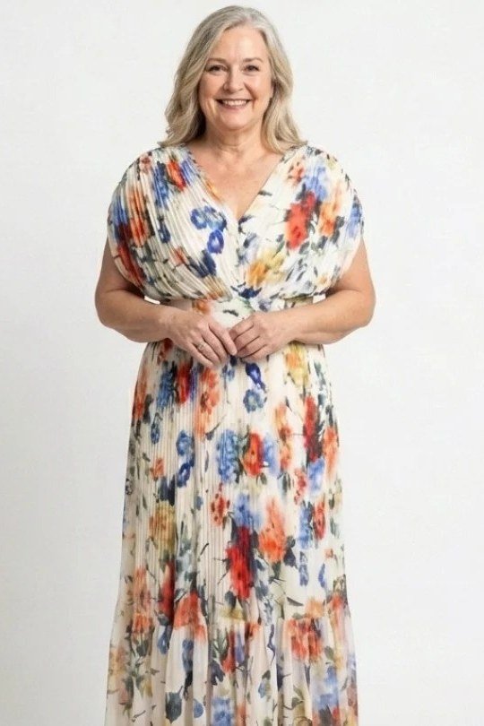 Watercolor floral v-neck midi dress for women over 60
