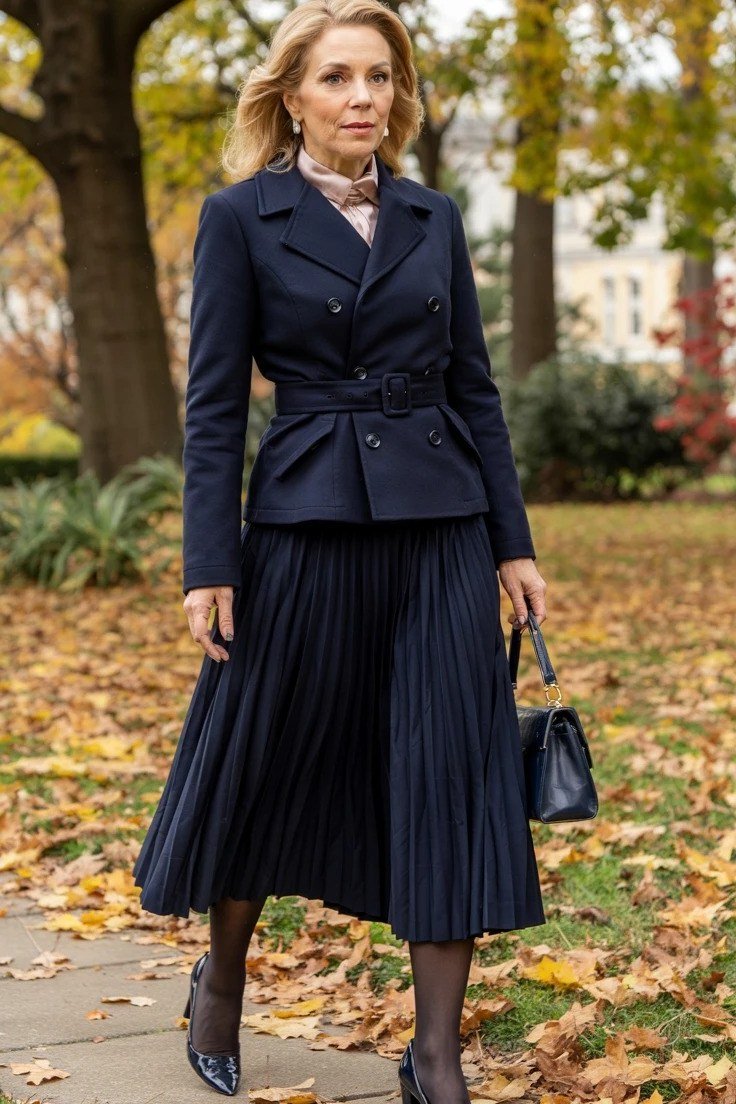 Navy double-breast blazer with a navy pleated midi skirt and black tights for women over 50 at work