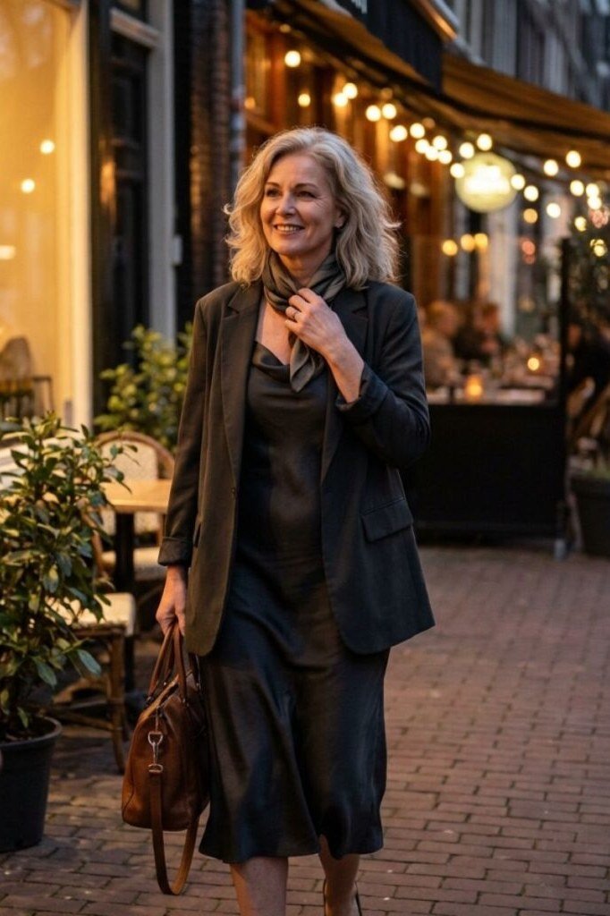 Blonde woman in black satin midi dress with dark blazer