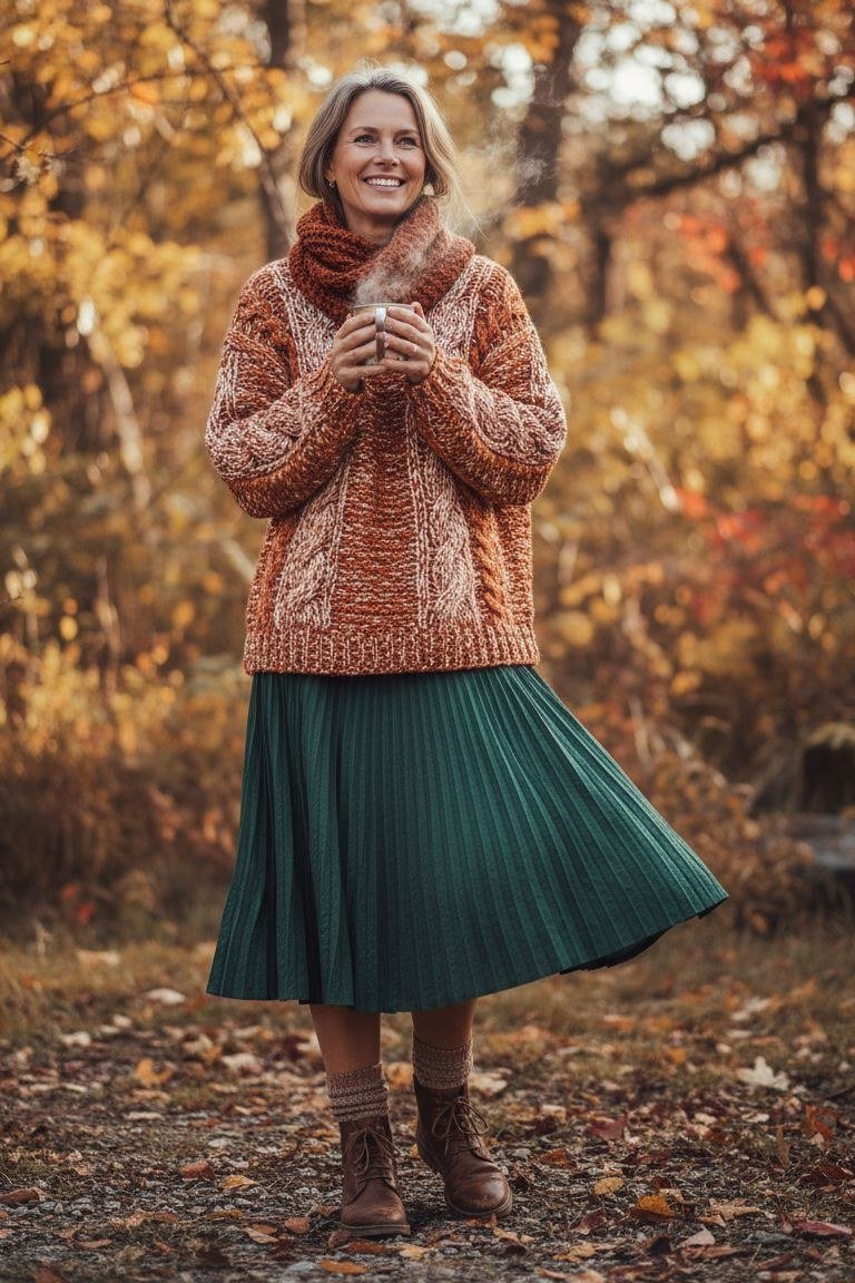 Chunky Rust Cardigan with Green Pleated Skirt - fall outfit for women over 40
