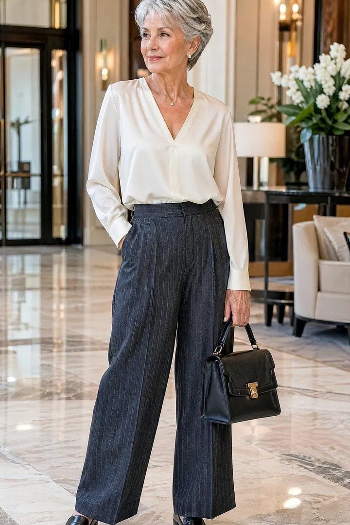 white blouse with navy wide leg trousers, classic power outfit for women over 50
