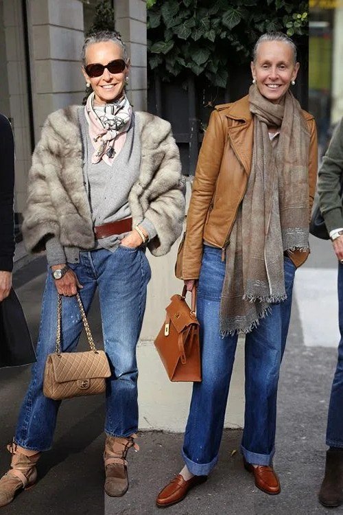 Elegant fall outfits for women over 70: two friends in scarves and jeans