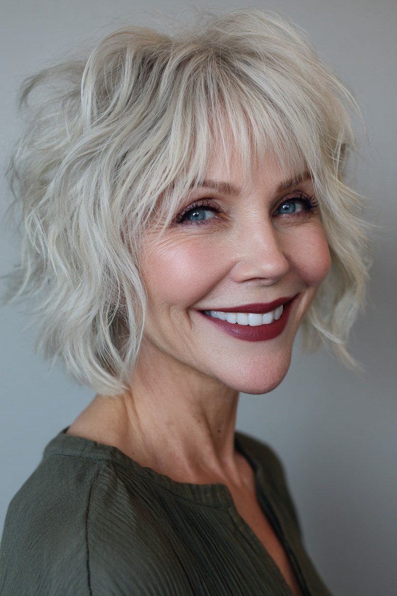 Silver shaggy bob haircut for women over 50