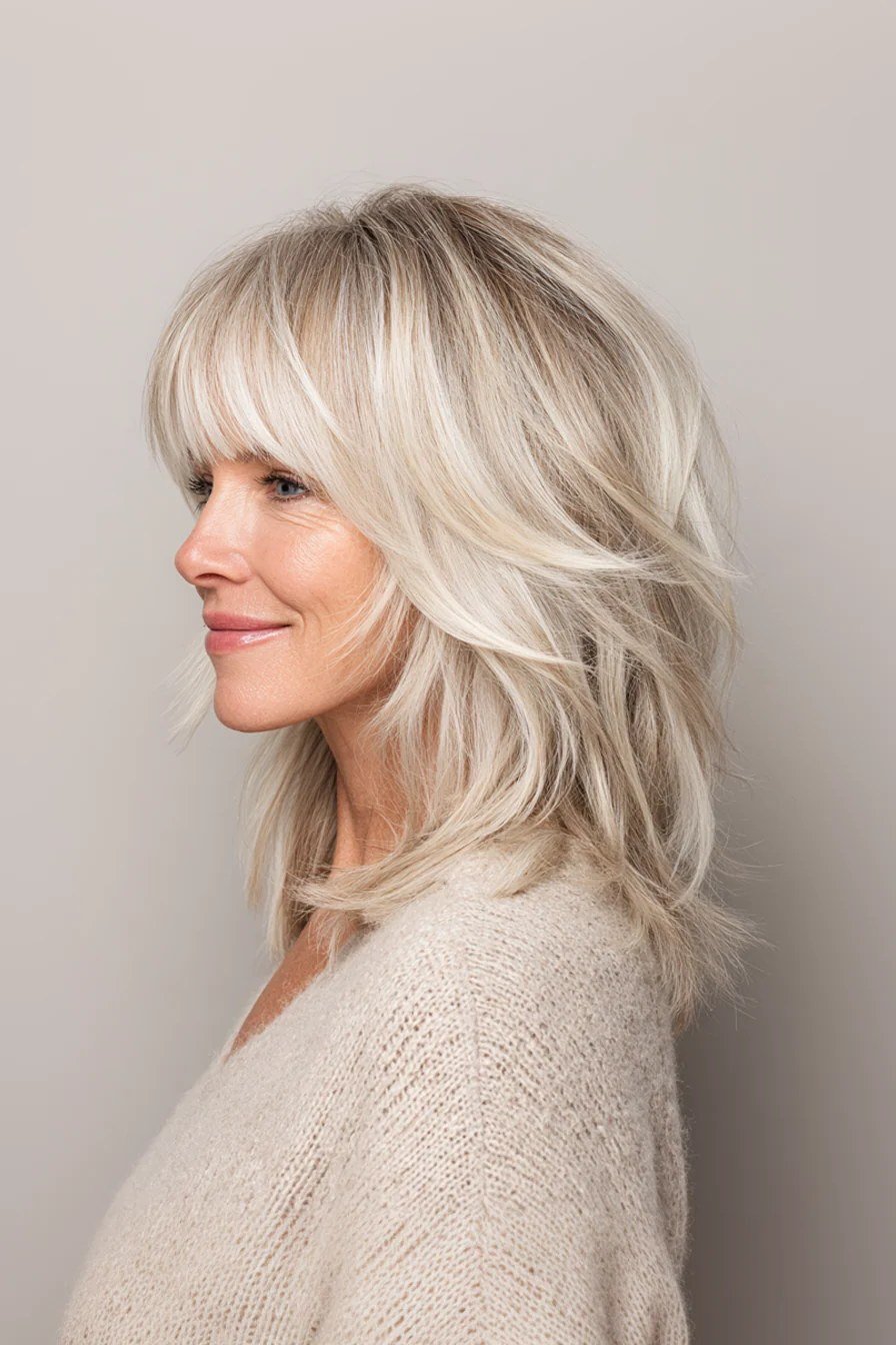 Airy white-blonde layered medium-length hairstyle with bangs, side view, for women over 50