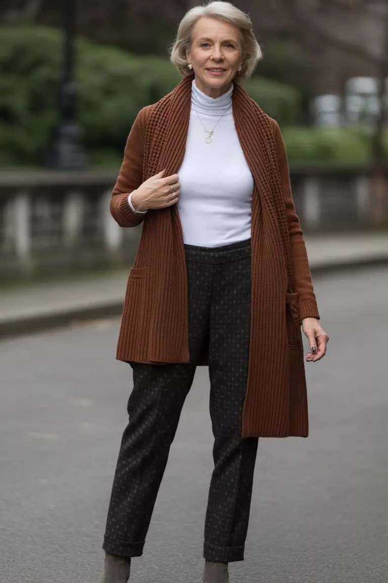 Rust Long Cardigan with Black Pants - fall outfit idea for women over 50