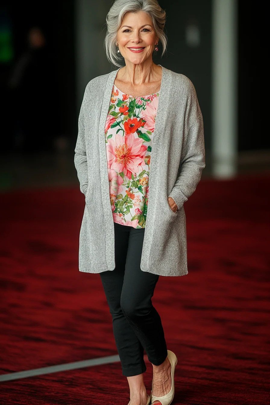Woman over 50 wearing Grey cardigan over a floral top with black pants indoors.