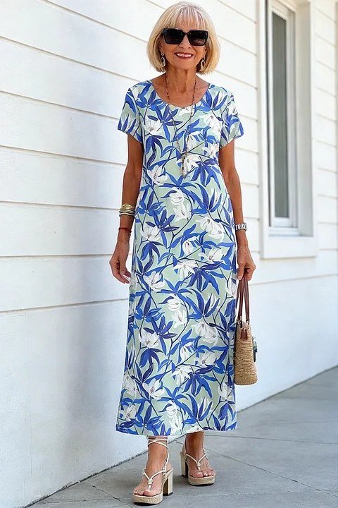Blue Tropical Leaf Print Midi summer outfit idea for women over 60