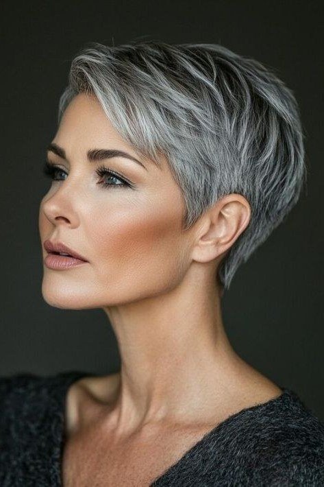 Tapered Grey Pixie - grey hairstyle for women over 60