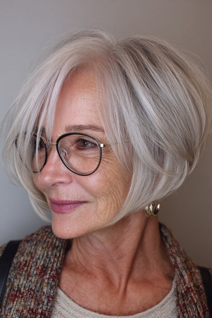 Angled Silver Bob with Glasses - grey shoulder length hairstyle for women over 60