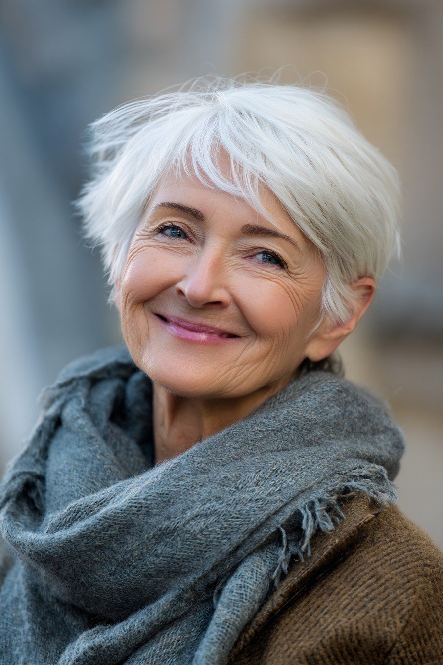 Snow-white pixie haircut with scarf for older women