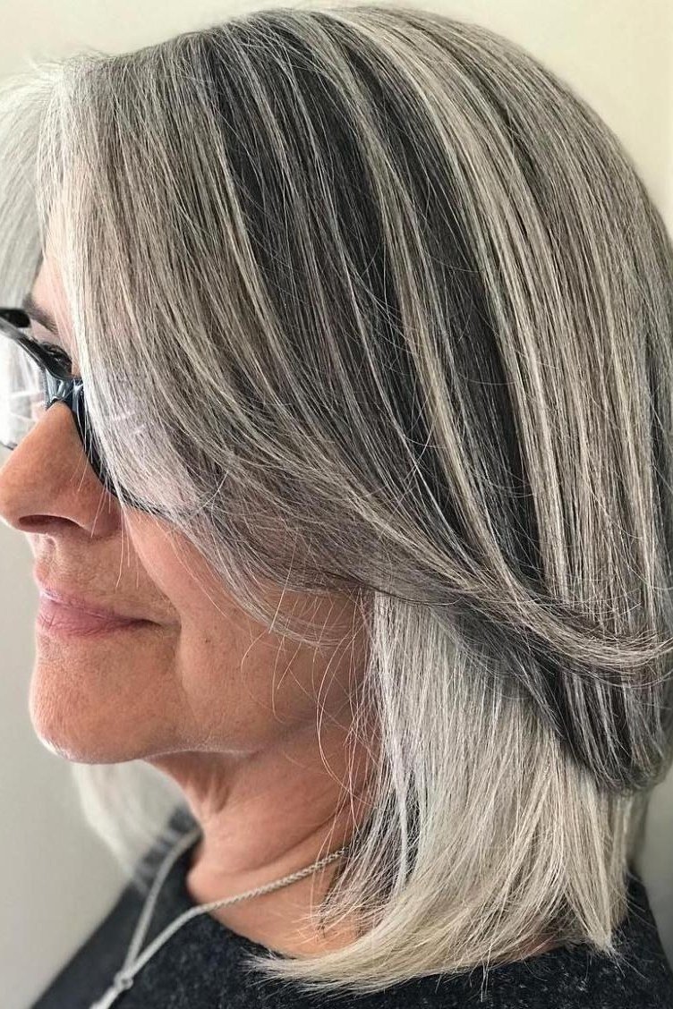 grey straight medium hairstyle, side view, glasses for women over 50