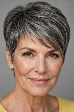 Salt and pepper pixie, textured crown, front view for women over 60