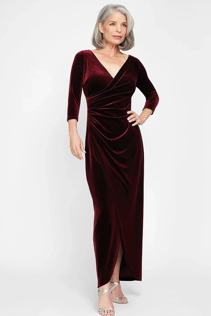 burgundy velvet wrap maxi dress for women over 60