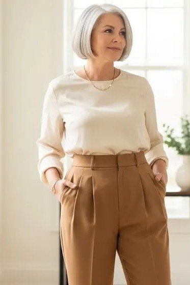 Woman over 60 in a cream sweater with tan wide-leg trousers