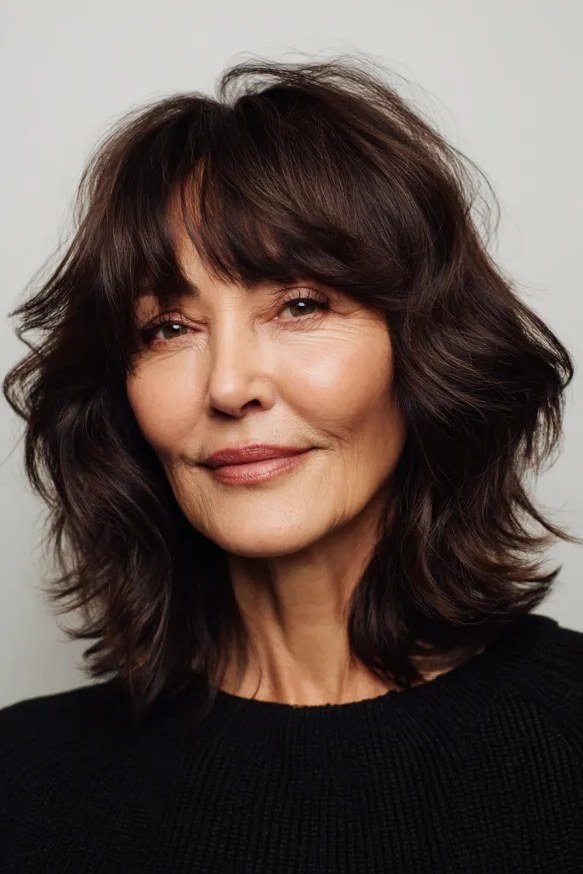 Dark brown wavy lob with bangs for women over 60