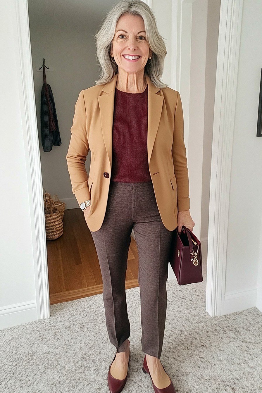 Camel blazer burgundy top brown trousers, smiling grey-haired woman - business casual work outfit for women over 50