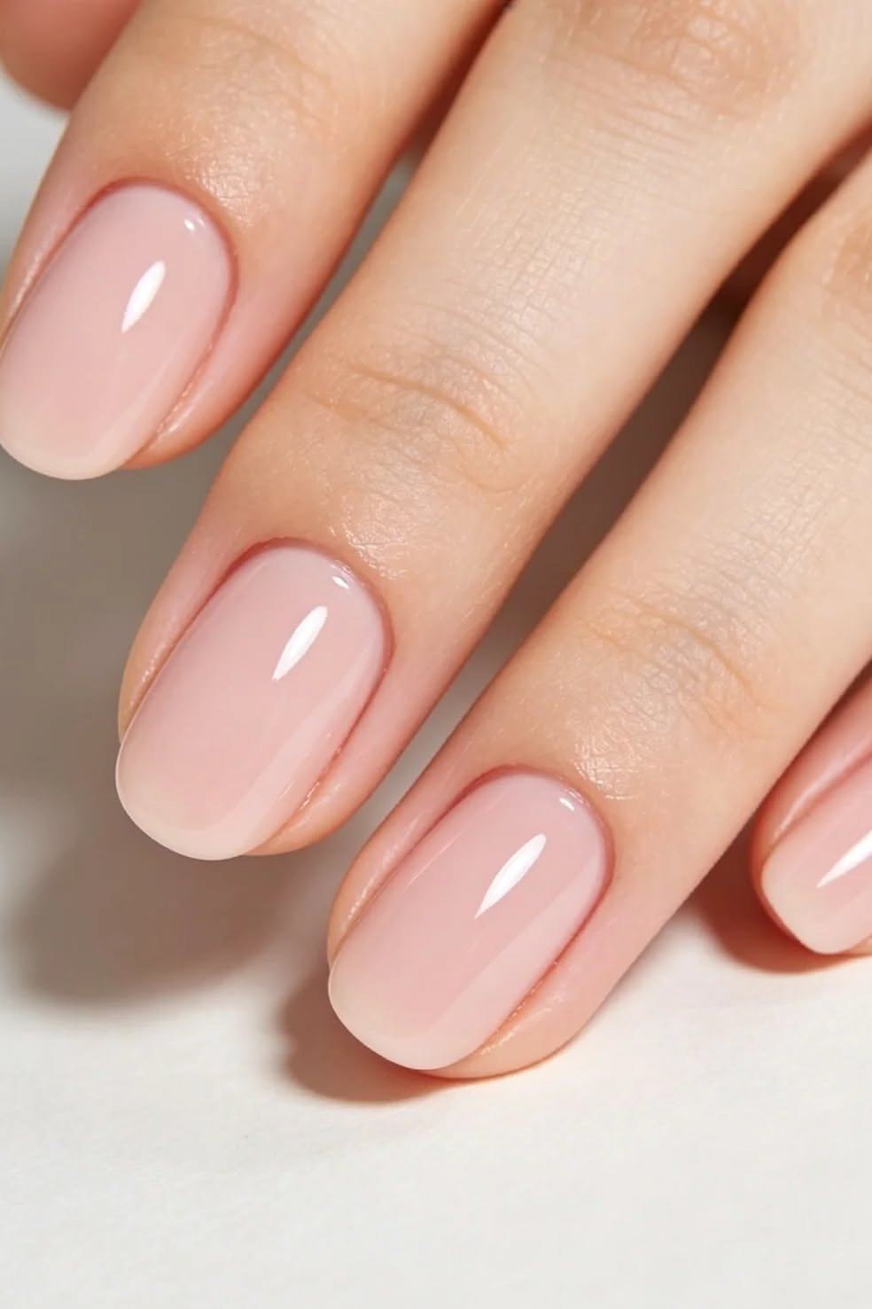 Soft pink nude nails on white background