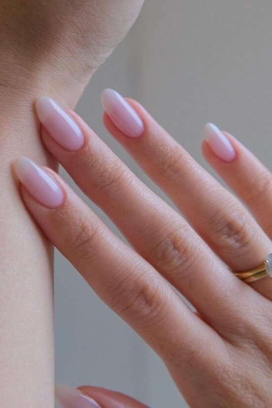 Milky pink almond nails, sophisticated nail design for women over 50
