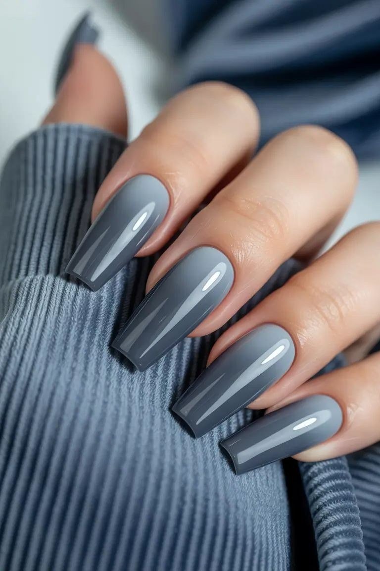 Slate blue ombre on long square nails, glossy, ombre nail design for women over 60