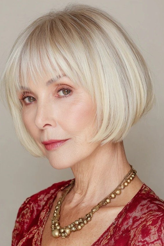 Platinum Bob with Full Bangs, chic bob haircut for women over 50
