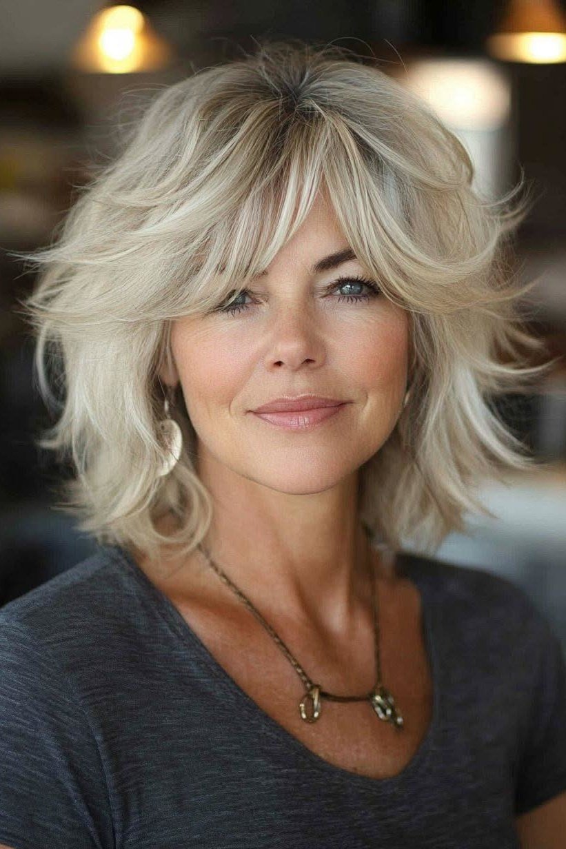 blonde shaggy layers, front view, medium length hairstyle for women over 60