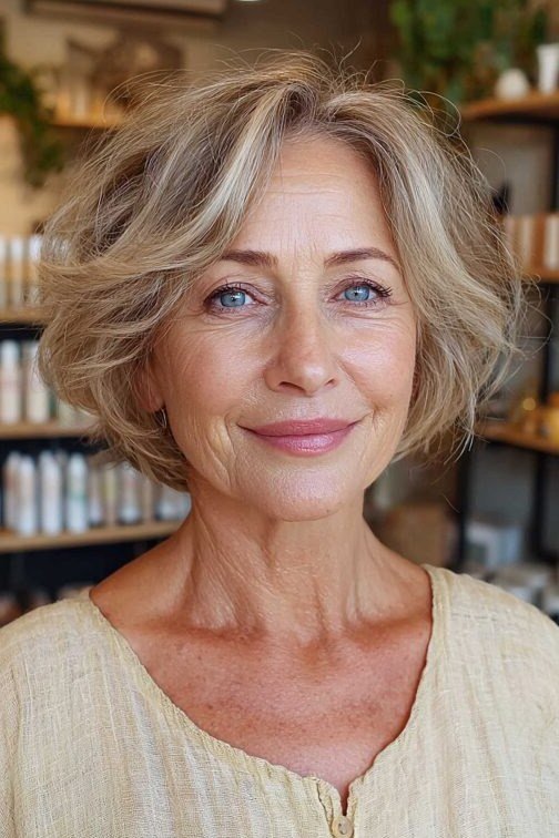 Choppy bob hairstyle for women over 60: short textured pixie bob front dark top