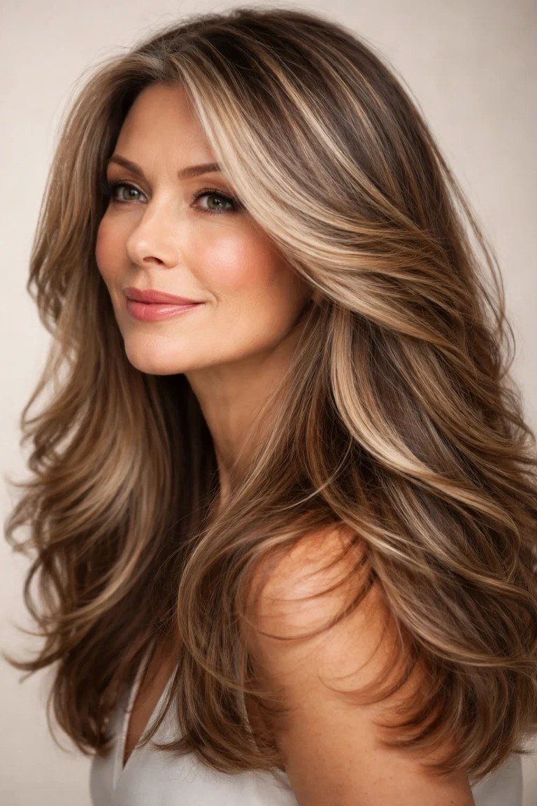 Brunette long layered waves haircut for women over 40