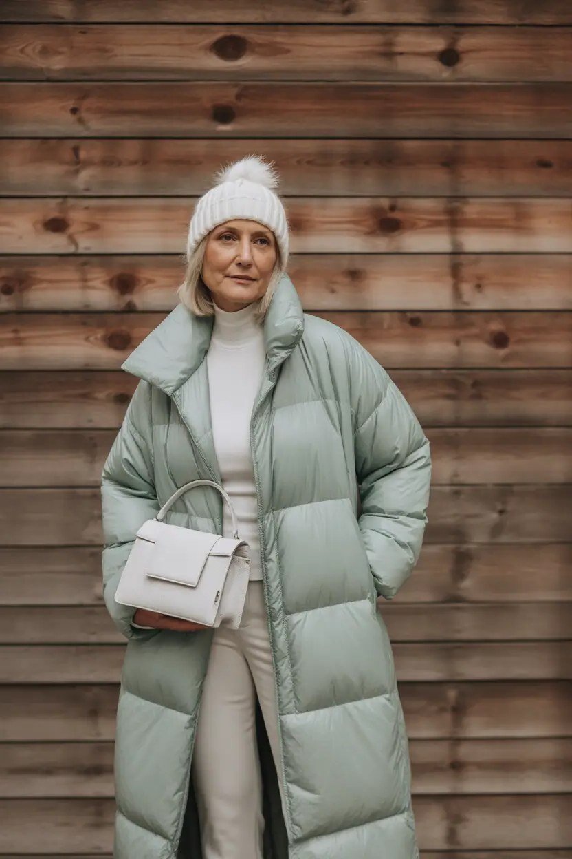 Stylish winter outfit for women over 60: sage green puffer jacket with white beanie and white handbag