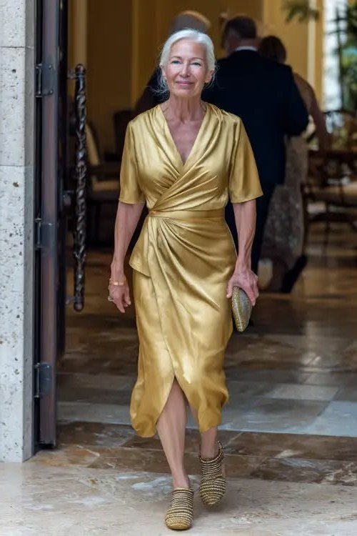 Gold Satin Wrap Midi Dress with Side Slit - evening outfit for women over 60