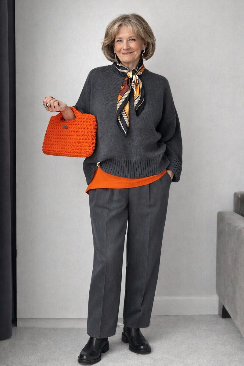 Grey Sweater with Orange Accents outfit for women over 70, chic style idea 26