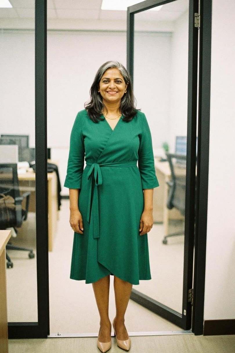 Emerald green wrap dress in a doorway