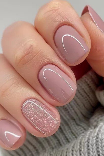 Dusty Mauve with a Glitter Accent Nail - short nail design for women over 40