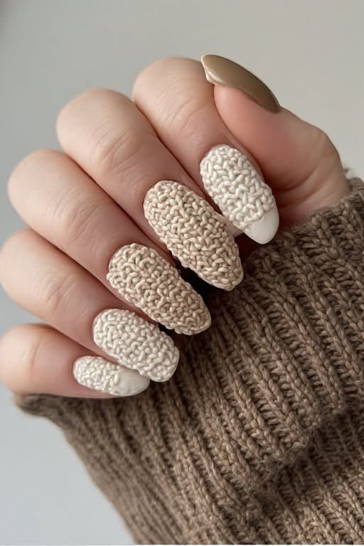 Oatmeal sweater knit nails, fall nail design for women over 60