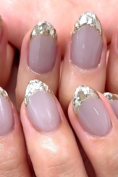Mauve Almond Nails with Silver Glitter French Tips, elegant mauve nail idea for women over 60
