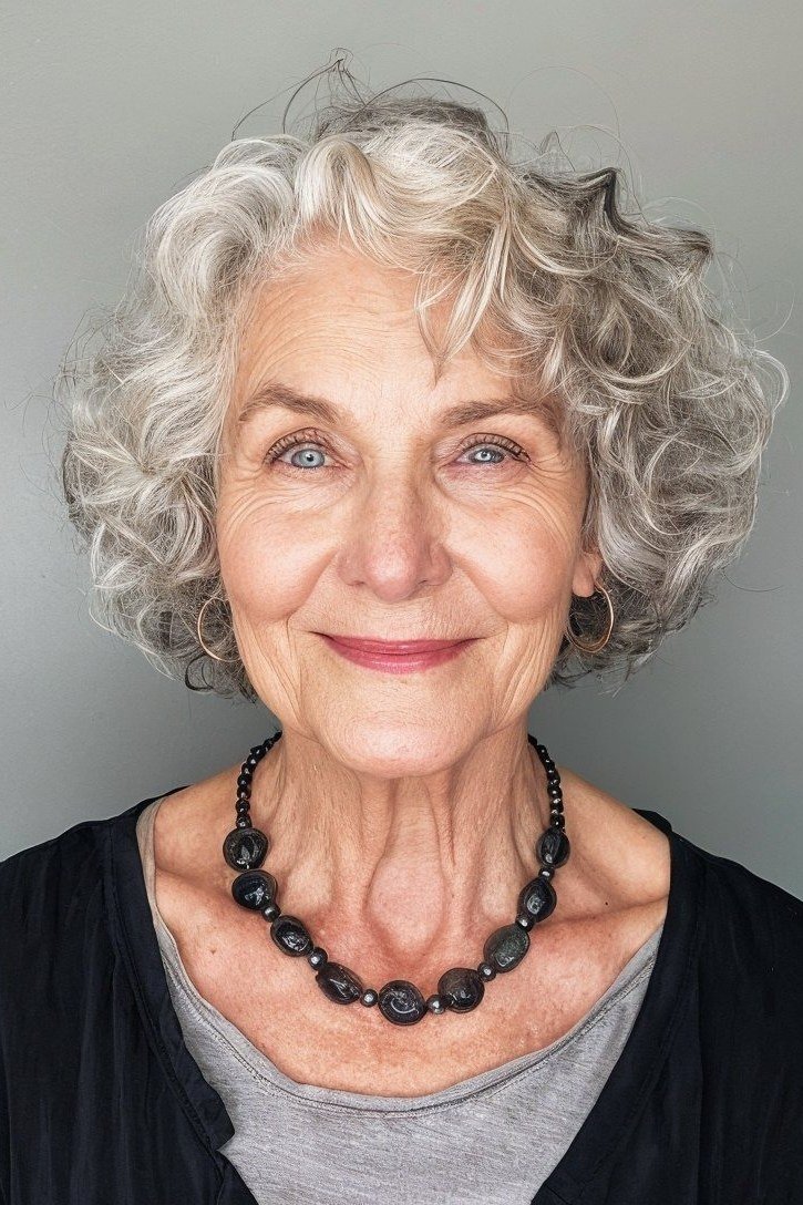 Curly salt and pepper pixie haircut for women over 70, front view