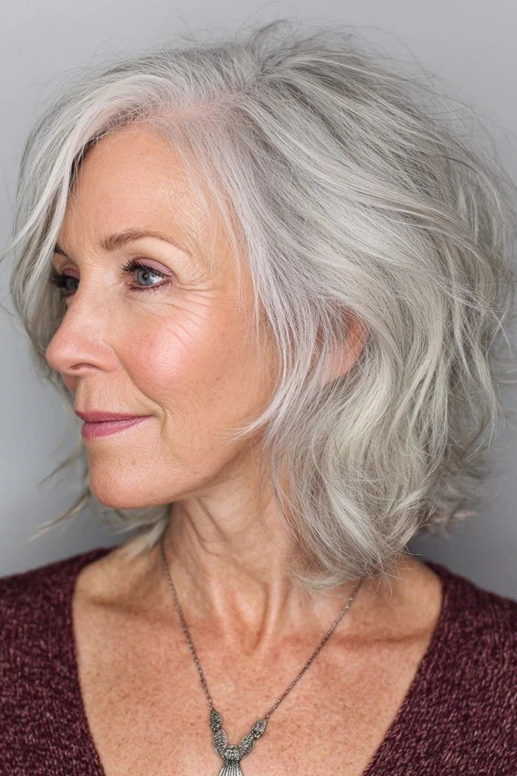 White shaggy bob with soft volume for women over 60, side view