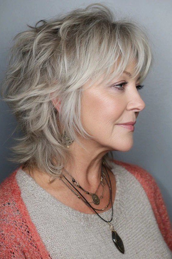 Silver Tousled Shag with Bangs - shaggy bob haircut for women over 60
