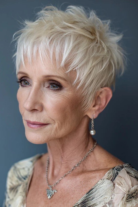 Neat short white pixie for women over 70