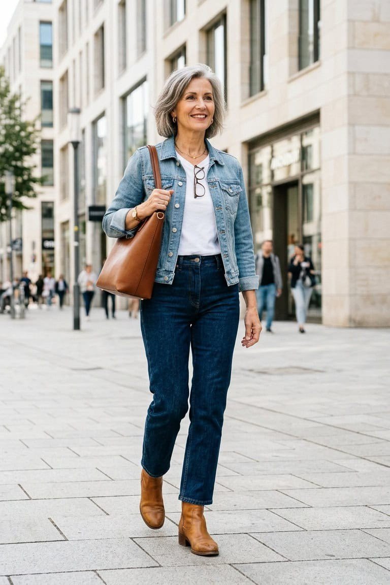 Denim Jacket With Dark Jeans and Boots - flattering outfit idea for women over 50, how to dress better over 50