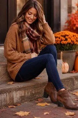 Camel cardigan with plaid scarf dark jeans and boots, cozy fall outfit for women over 40