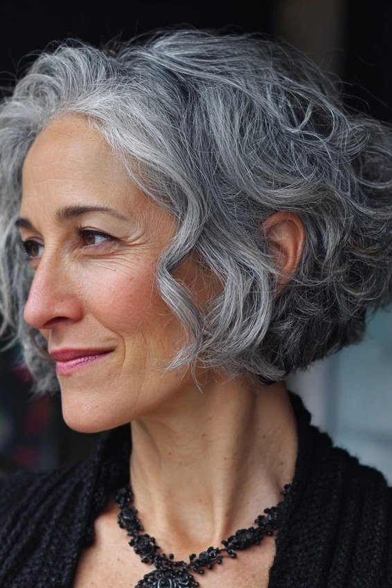 curly silver bob for older women, side view